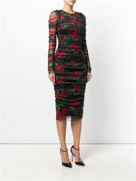 Dolce And Gabbana Cotton Rose Print Ruched Dress In Black Lyst