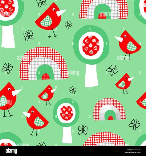 Cute birds trees and rainbow seamless pattern for kids. Collage style ...