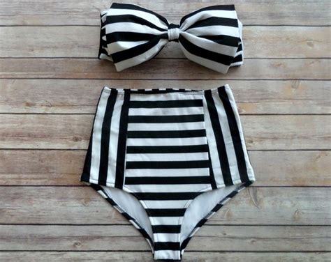 Bow Bandeau Bikini Vintage Style High Waisted Pin Up Etsy