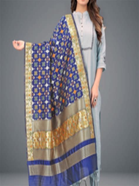 Buy Rivama Women Blue Gold Toned Ethnic Motifs Woven Design Foil