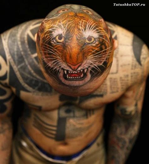 Great multicolored cartoon like angry tiger face tattoo on head ...