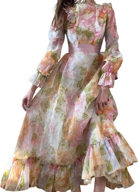 Amazing Ooak Handmade Organza Floral Print Empire Waist Maxi Dress Ruffle Mock Neck Collar Bib