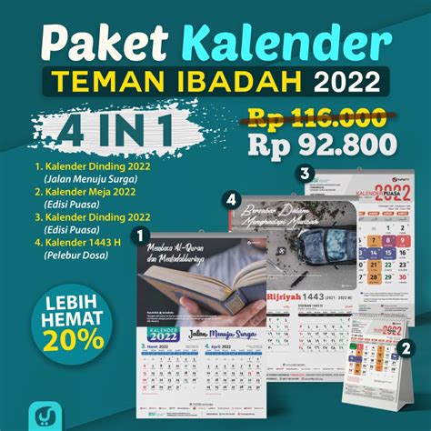 Jual Paket 4 Kalender Hijriyah Masehi 2022 Yufid Asli Cod