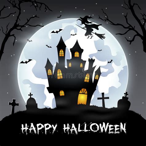 Halloween Background with Cemetery, Bats and Castle Stock Vector ...