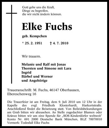 Traueranzeigen Von Elke Fuchs Trauer In Nrw De