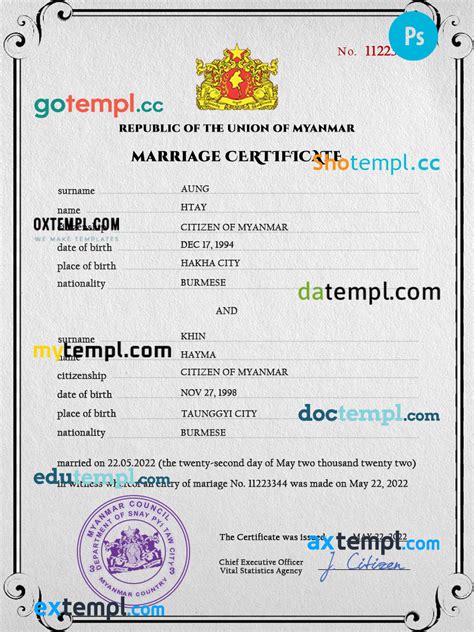 Myanmar Marriage Certificate PSD Template Fully Editable