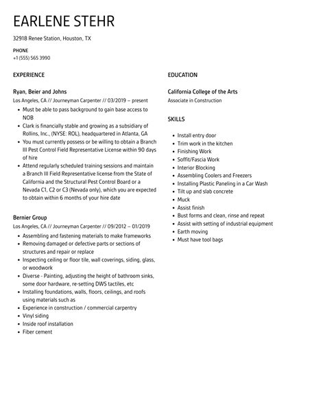 Journeyman Carpenter Resume Samples | Velvet Jobs