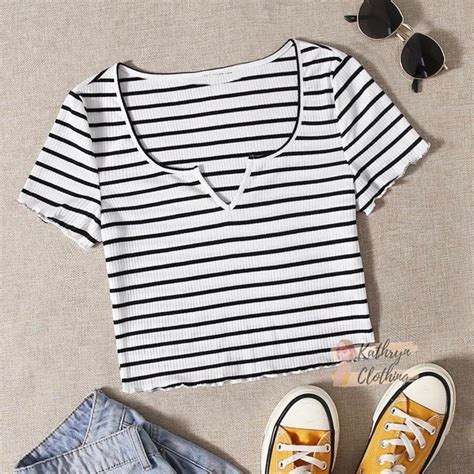 Kathryn Plus Size Cotton Knit Striped Notched Neck Tee 31124 Shopee Philippines