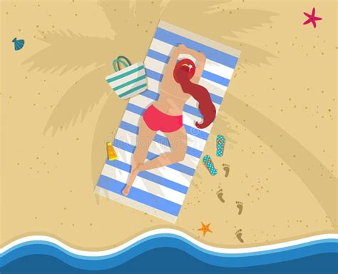 Frau Im Roten Bikini Der Auf Bauch Am Badetuch Liegt Vektor Abbildung Illustration Von