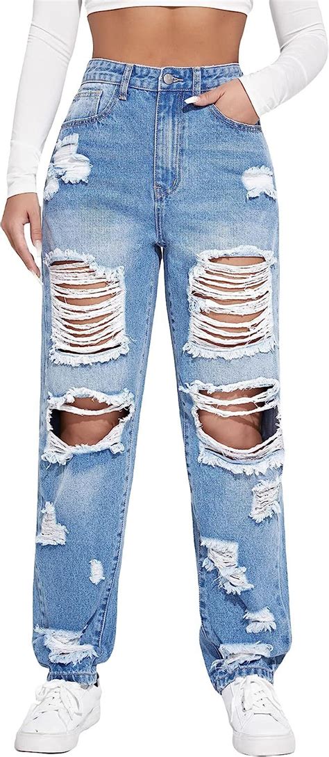 Floerns Women S Ripped High Waist Boydfriend Jeans Distressed Denim