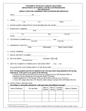 Fillable Online Uscb Nursing Bsn Application Form University Of South