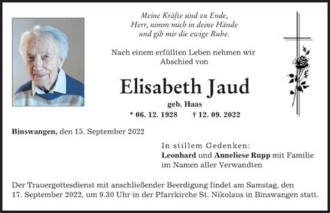 Traueranzeigen Von Elisabeth Jaud Augsburger Allgemeine Zeitung