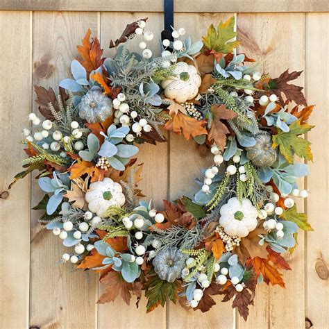 18 Inch Fall Harvest Leaves Wreath For Front Door With Maple Leaf Pumpkins And White Berries