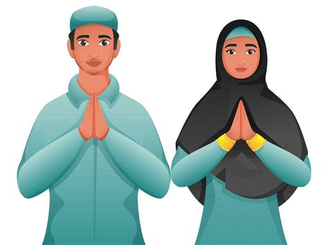 Young Muslim Man And Woman Doing Namaste Welcome On White Background