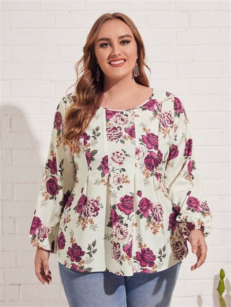 Emery Rose Plus Floral Print Pleated Fold Top Tops Floral Tops