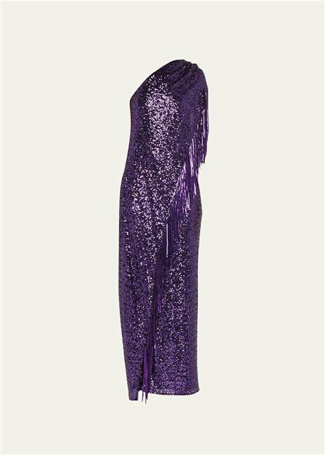 Badgley Mischka Collection One Shoulder Fringe Sequin Gown Bergdorf