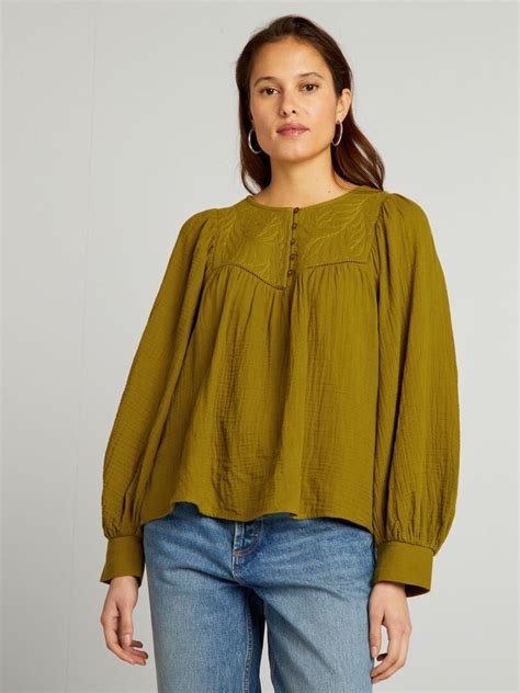 Blouse En Gaze De Coton Avec Broderie Vert Kiabi