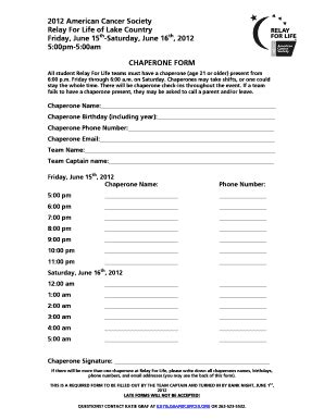 Fillable Online Relay Acsevents LC Chaperone Form FY12 Relay For Life