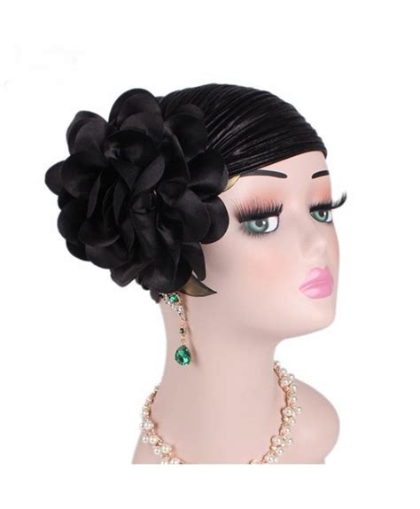 Turban Hat Women Ladies Retro Big Flowers Hat Turban Brim Pile Cap Headband Hair Wrap Black