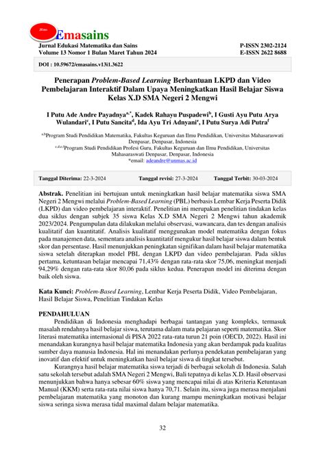 Pdf Penerapan Problem Based Learning Berbantuan Lkpd Dan Video