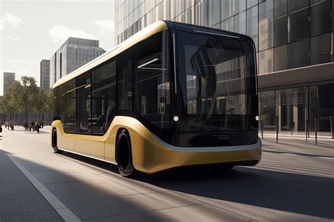 Modern bus in the city. 3D rendering. Perspective view. A Futuristic robot driving a bus ...