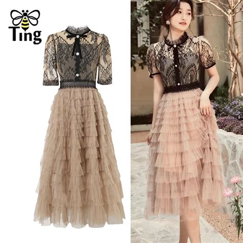 Tingfly Women Vintage Elegant Lace Patchwork Cascading Ruffles Midi