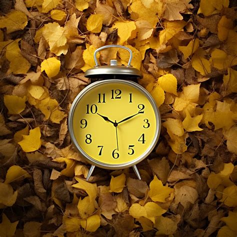 Large Yellow Clock Surrounded Background Autumn Fallen Leaves