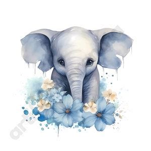 15 Baby Elephant Blue Watercolor High Quality Clipart Boy, Baby Shower ...