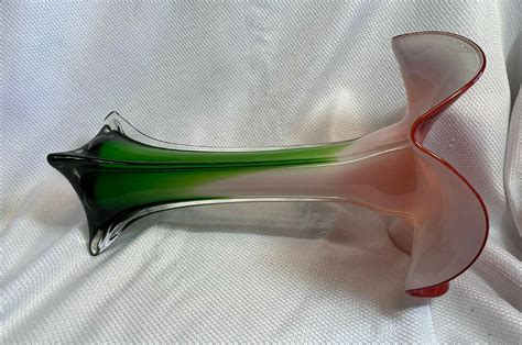 Vtg Murano Style Art Glass Trumpet Tulip Shape Vase Cased Red White