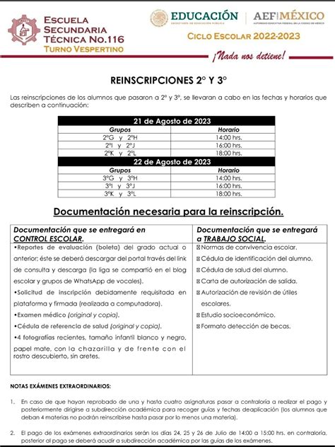 Secundaria Técnica 116 Turno Vespertino Reinscripciones 2o Y 3ero