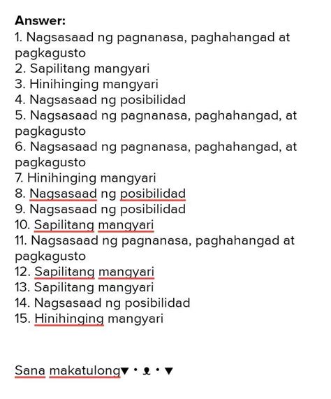 Panuto Tukuyin Ang Isinasaad Ng Modal Na Ginamit Sa Pangungusap Mga