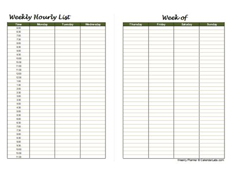 Hourly Weekly Calendar Printable