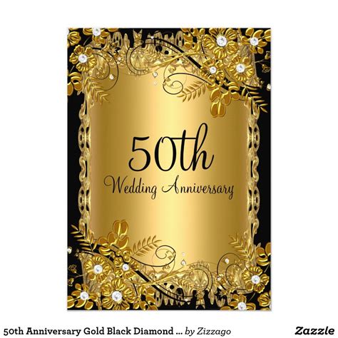 50th Anniversary Gold Black Diamond Floral Swirl Invitation 50th Wedding