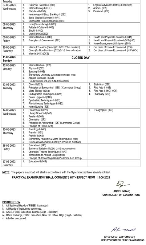 Fbise Federal Board Inter 11th Class Date Sheet 2024 Roll Number Slip