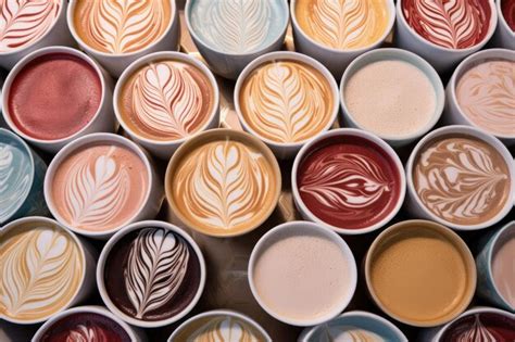 Premium Ai Image Latte Art Patterns On Multiple Coffee Cups Lined Up