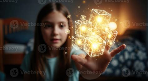 Young Girl Interacting with Holographic Digital Cubes Symbolizing