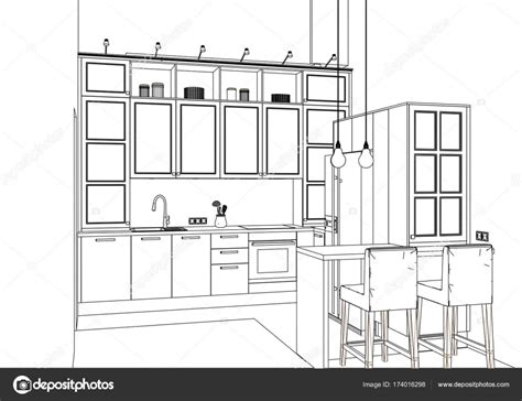 3d Vector Sketch Classic Kitchen Design In Apartment Interior Kitchen