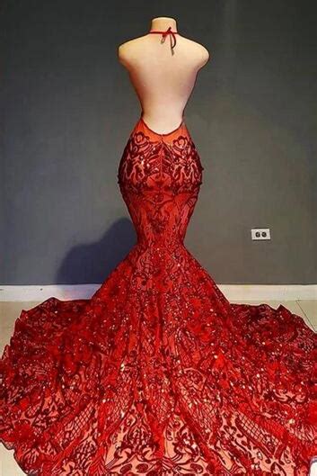 Daisda Red Halter Sequins Lace Prom Dress Mermaid