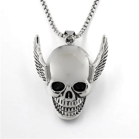 Angel Wings Skull Pendant Necklace Mens T Vintage Titanium Stainless Steel Punk Rock Necklace