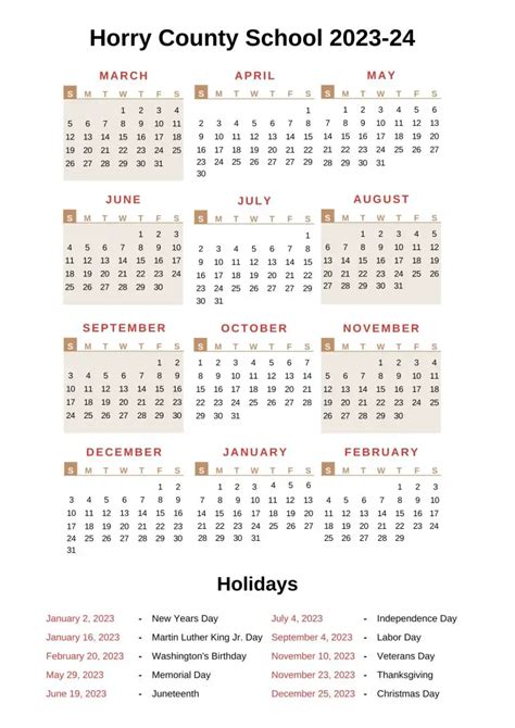 Horry County Schools Calendar 2023-24 with Holidays