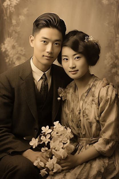 Vista Delantera De Una Pareja Joven Posando En Un Retrato Vintage