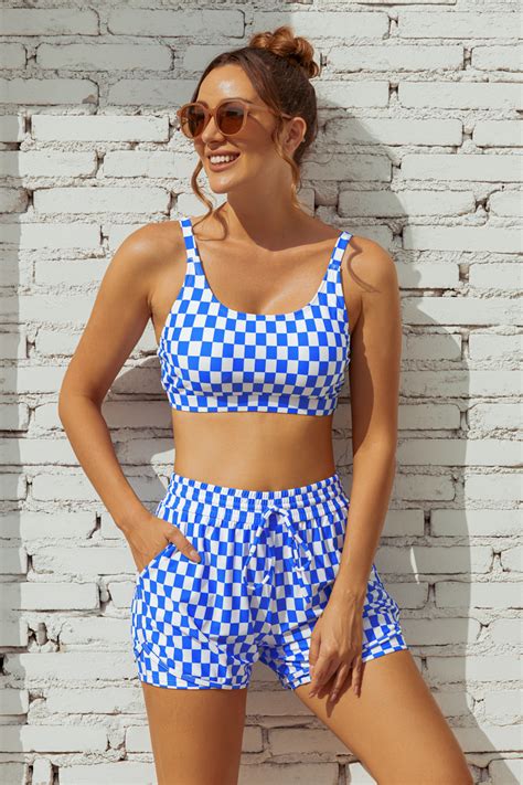 Blue Checked Adjustable Straps Chic Bikini Top With Boy Short Set