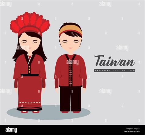 Taiwan Design With Taiwanese Cartoon Man And Woman Over Gray Background