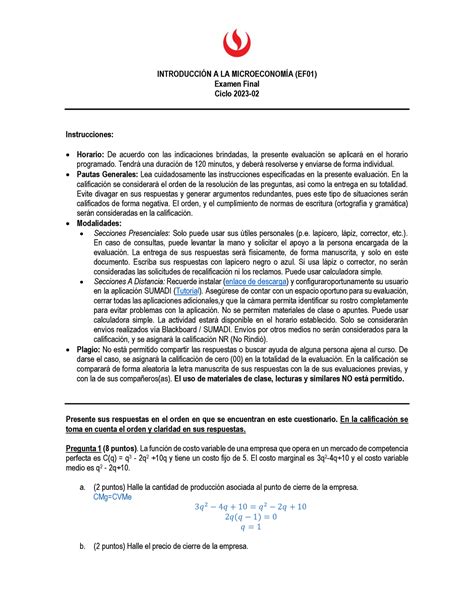 UPC IMic 2023 2 EF Sol INTRODUCCIÓN A LA MICROECONOMÍA EF01