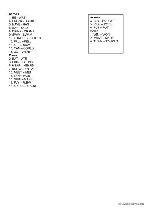 Crossword Puzzle Irregular Past Te English Esl Worksheets Pdf Doc