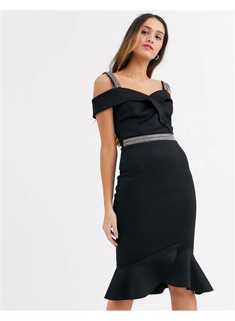 Lipsy Synthetic Scuba Ruffle Hem Midi Dress With Embellished Trim