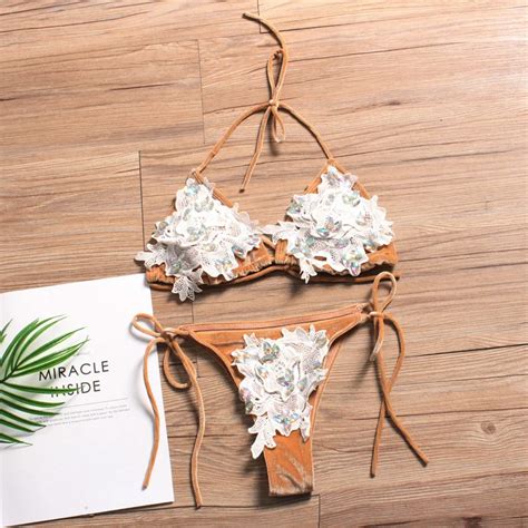 Lace Flowers Rhinestone Beach Bikinis Set Women Thong Low Waist