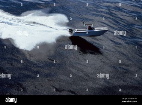 Aerial Of Speed Boat On Calm Water Stock Photo Alamy