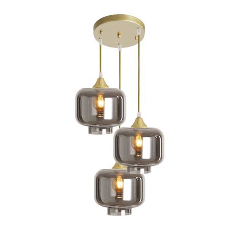 3 Light Pendant In Gold With Smoked Glass Short Cylinder Shades