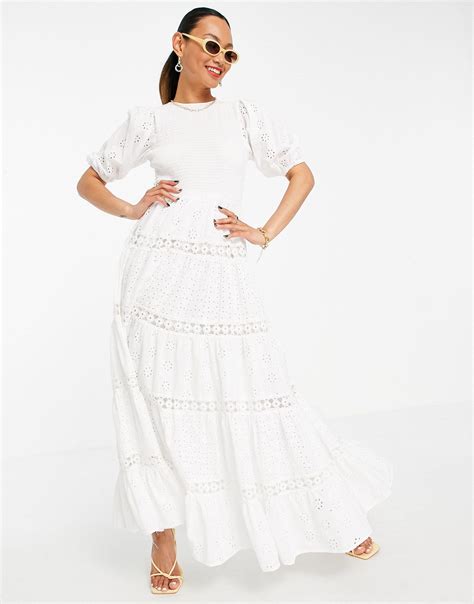 Asos Shirred Mixed Broderie Tiered Maxi Dress With Lace Inserts In